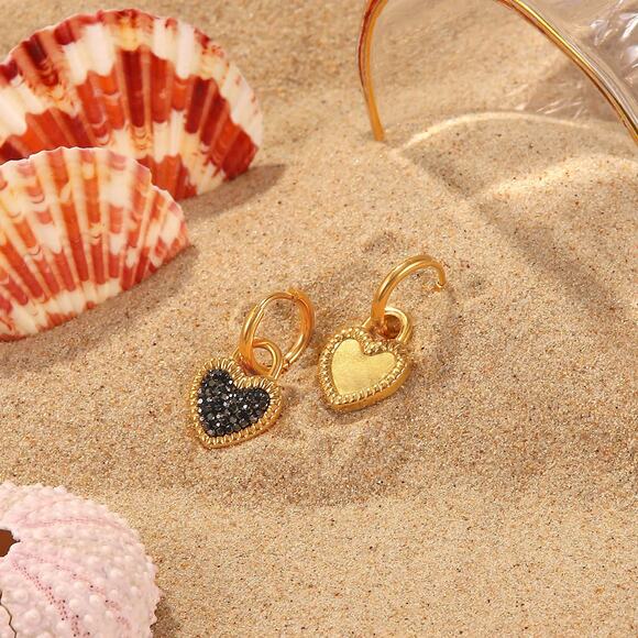 Black Heart Pendant Zircon Hoop Earrings - 18K‎ Gold Plated Stainless Steel - Picture 5 of 6